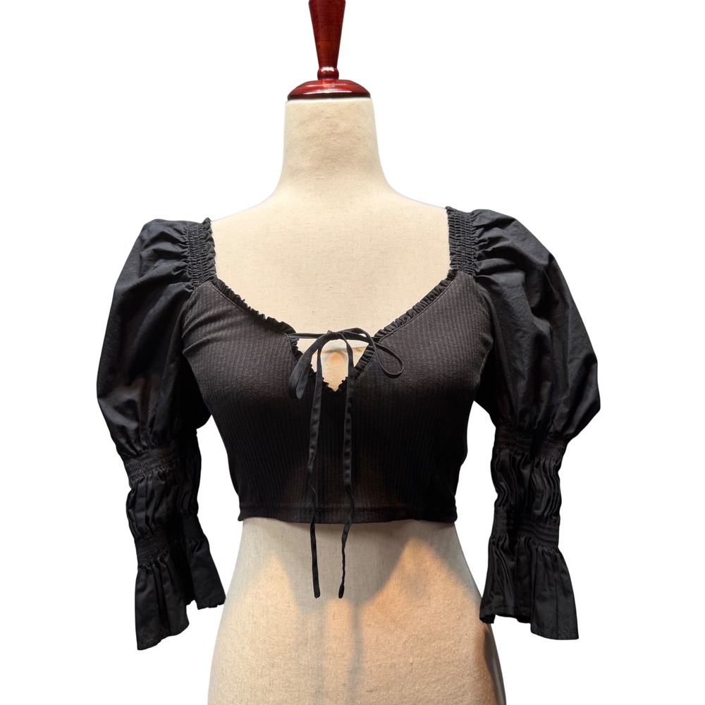 Urban Outfitters Whimsigoth Crop Top Puff Sleeve Ribbed Bodice S Black OB1432711